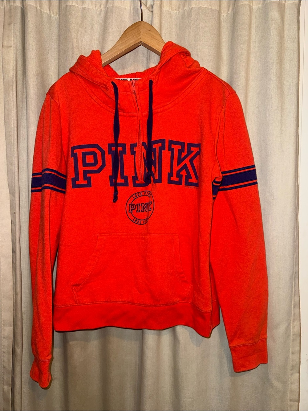 PINK Orange-ish Red Logo Hoodie Quarterzip with Navy Details L
